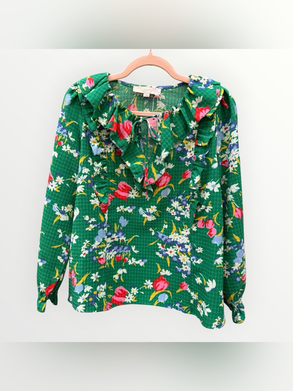 LOFT Petites Green Floral Ruffle Tie Neck Long Sleeve Blouse